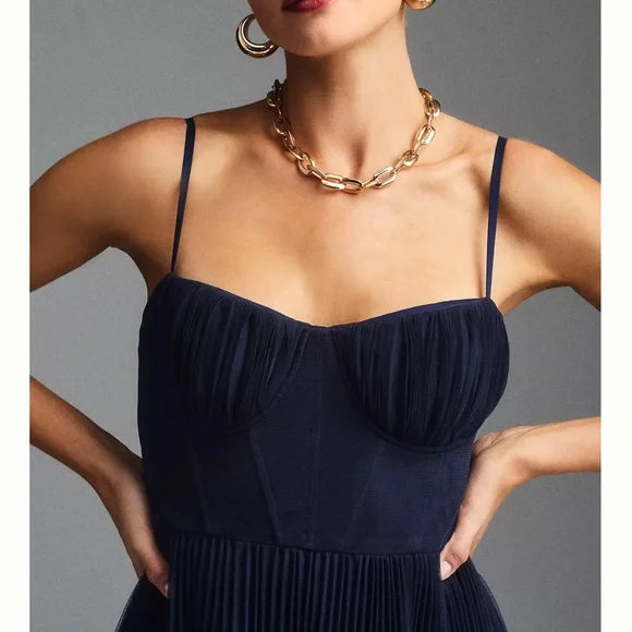 Anthropologie Hutch Amara Corset Pleated Tulle Fit & Flare Midi Dress in Navy - Picture 3 of 10
